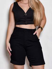 Women's Bermuda Jeans Wide Baggy Turned Hem High Waist - 濃烈的黑色 - 查看 4