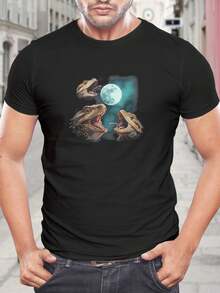 Camiseta con diseño de dragón barbudo aullando a la luna | Camiseta gráfica única de lagarto para amantes de los reptiles | Camiseta divertida de animales para hombres y mujeres - Negro - Ver 1
