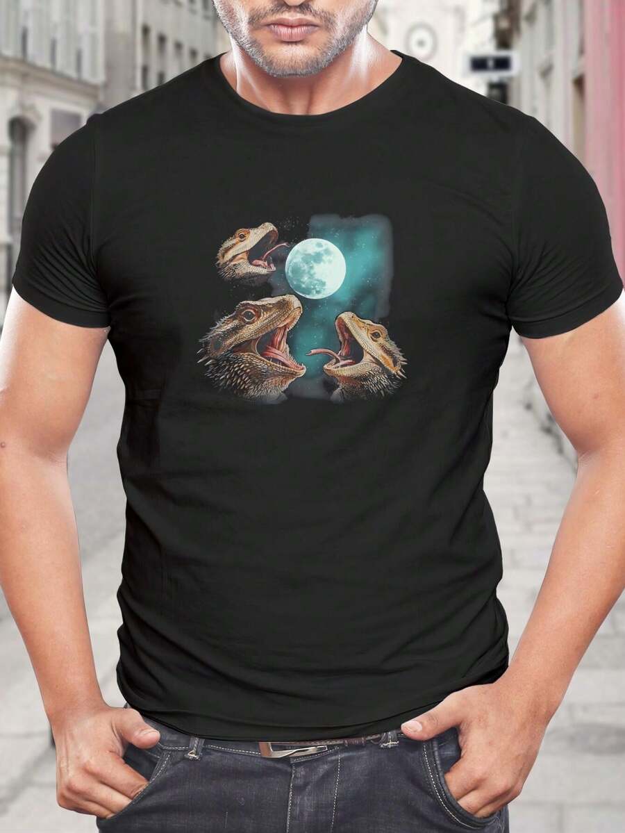 Camiseta con diseño de dragón barbudo aullando a la luna | Camiseta gráfica única de lagarto para amantes de los reptiles | Camiseta divertida de animales para hombres y mujeres - Negro - Ver 1