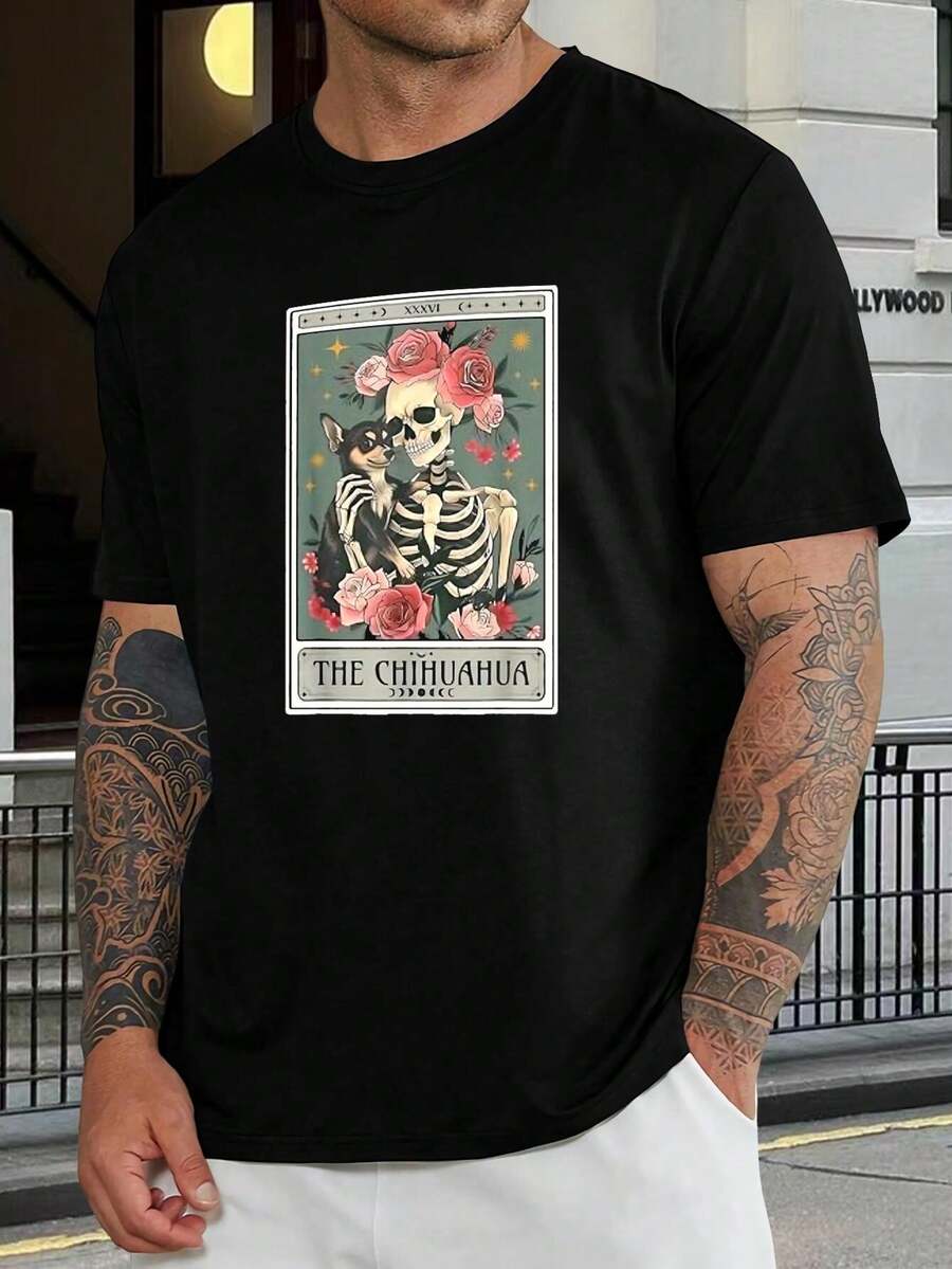 Camiseta de esqueleto de perro Chihuahua Tarot - Camiseta gráfica de estilo gótico - Camiseta única de manga corta para hombres y mujeres - Regalo para amantes de mascotas - Camiseta informal juvenil de moda - Negro - Ver 1
