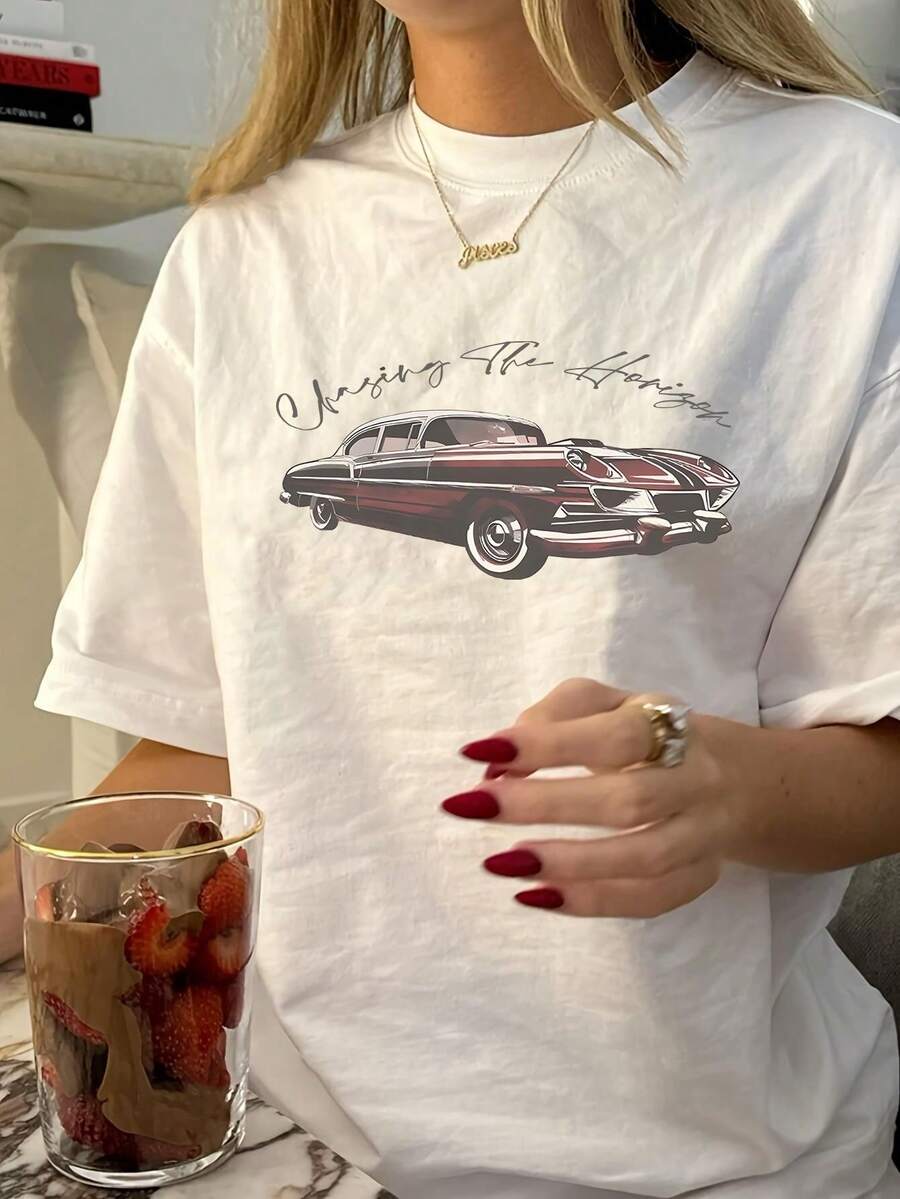 Short Sleeve Cotton Women's Vintage Car Print Casual Round Neck T-Shirt, Geometric Pattern, Regular Fit, Summer Fashion Top - 白色 - 查看 1