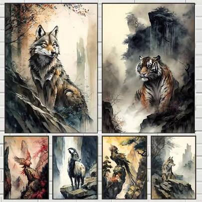 Impresión en lienzo de pintura de paisaje, animales y tinta china. Arte abstracto de pared con imagen de fénix y tigre para decoración de habitación