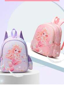 1pc Cartoon Mermaid Nylon Backpack, Zipper Closure, Cute Backpack Suitable For Teenagers, Everyday Use In Autumn/Winter - A - View 1