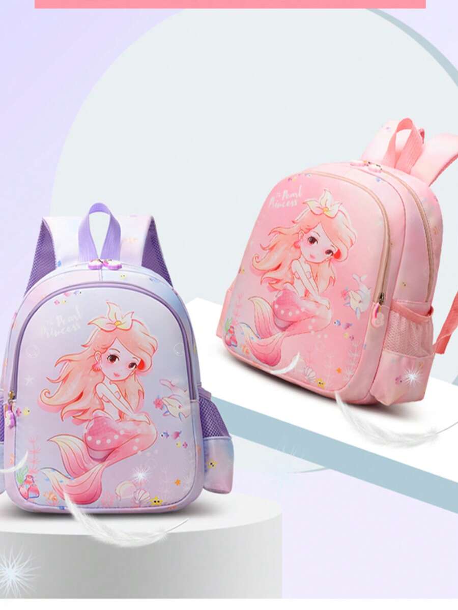 1pc Cartoon Mermaid Nylon Backpack, Zipper Closure, Cute Backpack Suitable For Teenagers, Everyday Use In Autumn/Winter - A - View 1