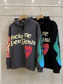 Retro Foam Printing Hoodies Women Autumn Casual Oversized Long Sleeve Pullovers Tops Korean Harajuku Unisex Loose Sweatshirt Emo  Letter  Heart    Casual    Drawstring  Pocket - 深灰色 - 查看 3