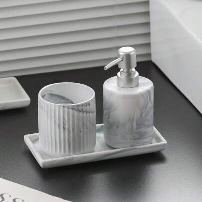 1pc Ceramic Soap Dispenser/Mouthwash Cup/Tray/Cleaning Swab Jar, Imitation Marble Ceramic Bathroom Supplies, Household Shower Gel Shampoo Hand Soap Lotion Bottle, Bathroom Soap Box Toothbrush Cup, Suitable For Hotel Homestay Bathroom Home Decoration Back To School