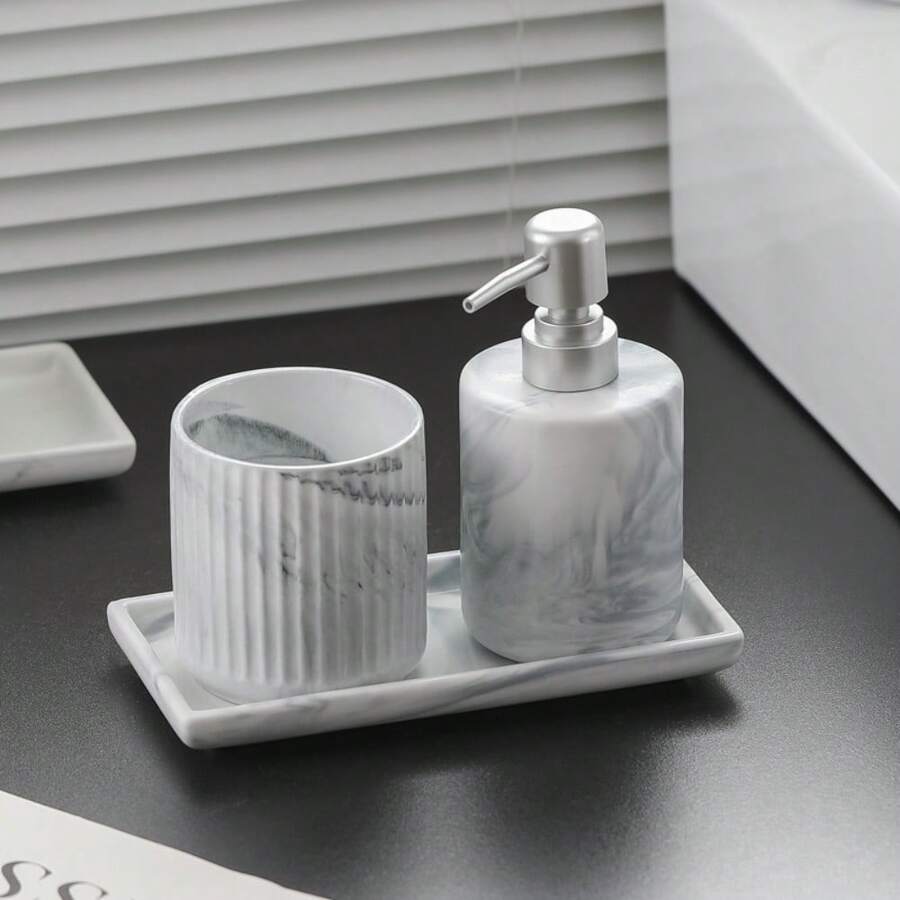 1件陶瓷皂液器/漱口杯/托盘/清洁棉签罐,仿大理石陶瓷浴室用品,家用沐浴露洗发水洗手液乳液瓶,浴室皂盒牙刷杯,适用于酒店民宿浴室家居装饰返校 - 多色 - 查看 1