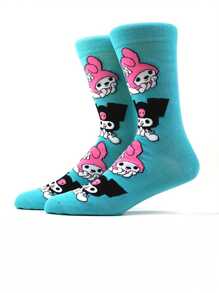 Sanrio 2 Pairs Sanrio Cartoon Anime Character Socks, For Hello Kitty & For Kuromi, 92% Polyester 8% Spandex, 600g/M² Knit Fabric, Comfortable Breathable Elastic, Machine Washable, Perfect For Gifts & Daily Wear
