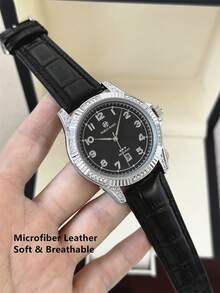 Pablo Raez 1pc Man Black Suit Business Watch Fashion Casual Wristwatch For Gentleman Stainless Steel Silver IPS Rhinestones Case Luxury Black Soft & Comfortable Microfiber Leather Fashionable Designer Male Arabic Scales Scales With Date 50M Waterproof Calendar - Silver - View 12