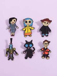 6pcs Plush Toy With Button Eyes, Enamel Brooch, Customized Lapel Pin, Gothic Character Cartoon Jewelry, Children Friend Gift