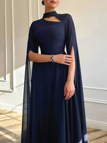 1 pieza Elegante vestido de noche azul marino largo, diseño de manga chal, espalda descubierta con lazo, perfecto para bodas en la iglesia, bodas en el jardín, galas y una opción ideal para invitadas de boda femeninas - Marina de guerra - Ver 4