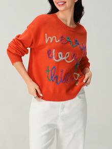 Women's Christmas Ribbed Sweaters Contrast Color Letter Long Sleeve Round Neck Knitted Tops - Red - View 6
