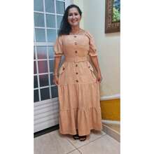 Vestido Longo com Cinto Tecido Duna floral 3D Plus Size - Marrom Claro - Visão 2