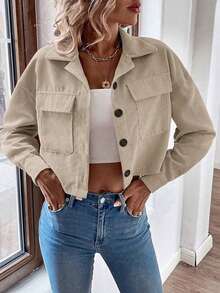 Women's Flap Pocket Drop Shoulder Cropped Corduroy Jacket