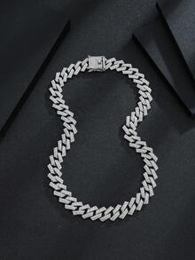 1 pieza Collar de cadena cubana de 15 mm, cadena de tres filas con efecto de rhinestone para hip hop, unisex, para regalo del Día del Padre - diamante - Ver 3