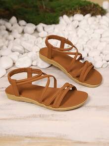 Sandal Flat Liburan Musim Panas Wanita Terbaru, Elegan & Nyaman, Motif Garis-garis, Cokelat, Ukuran Besar, Gaya Boho - Coklat - View 4