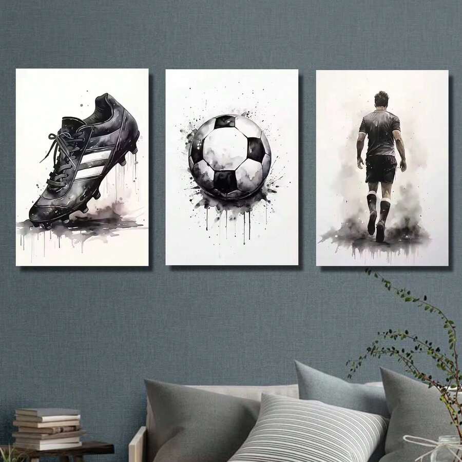 3pcs Modern Black And White Graffiti Football Wall Arts Canvas Posters, High-Definition Printing With Optional High-Quality Frame, Hanging Paintings For Living Room And Bedroom Home Decoration - Black and White - View 1