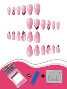 24 件中号杏仁粉色法式豹纹蝴蝶结按压指甲，Y2K 可爱假指甲，可重复使用的女孩粘贴式指甲贴，甜美别致的艺术设计，包括指甲锉和果冻胶指甲用品 - 粉色 - 查看 5