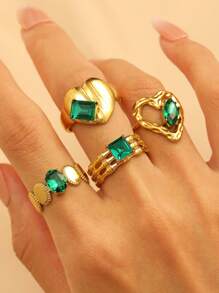 Elegant Vintage-Style 18K Gold-Plated Stainless Steel Inlaid Emerald Green Glass Heart Geometric Ring, Fashion Jewelry Versatile For Daily And Party Wear