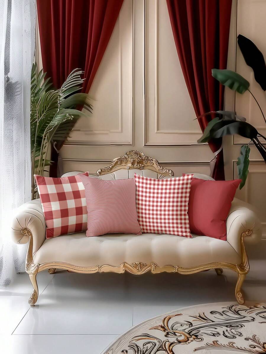 4 أغطية وسادات بنمط الشريط والمربعات الحمراء عيد الميلاد، ناعمة وممتعة جدا، الأكثر مبيعا، أغطية وسائد زخرفية للمنزل والأريكة وغرفة المعيشة والنوم، بدون إدراج - الأحمر - مشاهدة 1