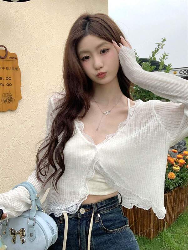 Women's Blue Lace Trim V-Neck Cover Up, Cute Back To School Summer Shawl Lightweight Outerwear