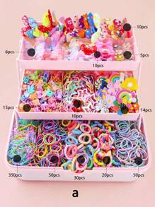 890pcs/Pack Kids Pink Heart & Bow Decor Hair Clips, Hairbands, Ponytail Holders, Hair Accessories, Everyday Use And Gift