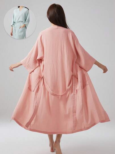 1pc Summer Solid Color Short Sleeve Gauze Yukata, Breathable Sleepwear, Pure Nightgown Knee Length, Comfortable Pajamas Back To School