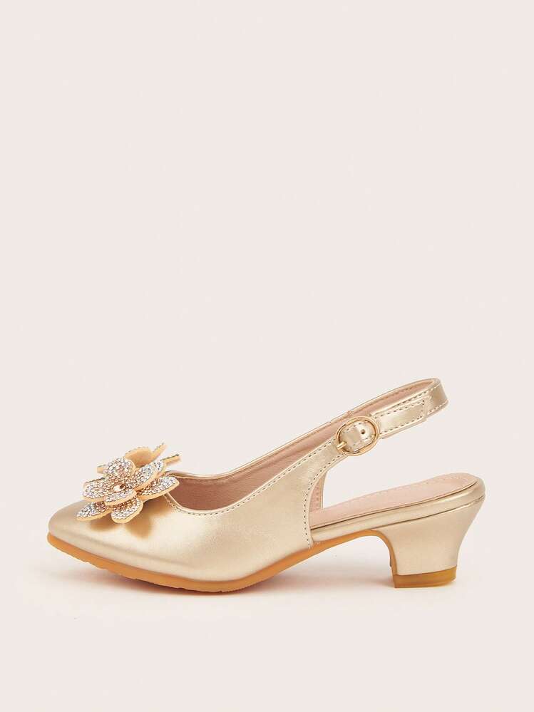 1 par de zapatos de tacón alto con puntera puntiaguda, detalles de flores de strass y PU para niñas de tamaño mediano y pequeño, elegante y versátil diseño de moda, adecuado para primavera, verano y otoño - Dorado - Añade 5