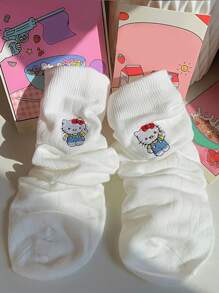 Sanrio 2 Pairs Sanrio Women'S Mid-Calf Socks - Cute For Hello Kitty Embroidered Pattern, White, Soft, Breathable, Sweat Absorbent, 200g/M² Fabric, Hand Wash Or Dry Clean, Solid Color, Perfect For Casual Or Formal Wear, Cute Sock