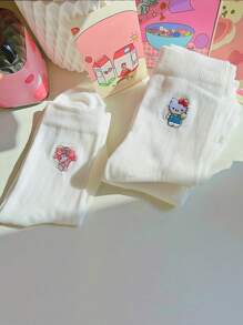 Sanrio 2 Pairs Sanrio Women'S Mid-Calf Socks - Cute For Hello Kitty Embroidered Pattern, White, Soft, Breathable, Sweat Absorbent, 200g/M² Fabric, Hand Wash Or Dry Clean, Solid Color, Perfect For Casual Or Formal Wear, Cute Sock