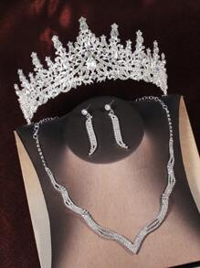 1 Set luxuriöser Brautaccessoires inklusive Strass-Krone, einfacher gewellter Halskette & Ohrringe, 4 Stücke Hochzeitschmuckset für Brautkleid, geeignet für Hochzeit, Veranstaltung, Party