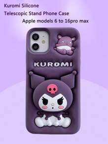 Sanrio Nuevo Estuche de silicona para teléfono Sanrio Kuromi compatible con iPhone 6-16 Pro Max - Diseño de dibujos animados lindo | Carcasa suave a prueba de golpes - Compatible con iPhone 13/14/15 | Soporte telescópico de escritorio - Cubierta protectora, estilo Kawaii