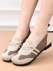 Women's Casual Sports Shoes, Comfortable Breathable Lightweight Fashion Elegant Lace-Up Shoes, Breathable Mesh, Non-Tiring, Flat Shoes For Casual, Walking, Daily Office Wear - Beige - View 4