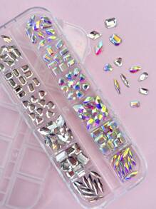 Set mixto de 12 rejillas de diamantes de arte de uñas, diamantes de formas especiales, rhinestones de fondo plano, joyería de arte de uñas AB, decoraciones de uñas, corazón, rombo, gotas de agua, marquesa, multiforma y varios estilos de gemas de vidrio, manualidades DIY, rostro, ropa, manicura, brillantes calcomanías amorfas para uñas