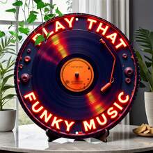 2D 平面 - 1 件复古唱片金属标牌 - 8x8 英寸复古墙面装饰，带有“PLAY THAT FUNKY MUSIC”霓虹灯文字，2D 平面印刷，适合家庭、车库、咖啡厅、餐厅、车库墙面艺术 | 复古墙面艺术 | 金属表面，唱片墙面艺术（随机孔样式） - 彩色 - 查看 3