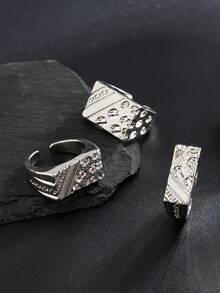 3pcs/Set Fashionable Minimalist Hammered Metal Rings, Adjustable Men's Charm Accessories, Couples Rings - 3-piece Set - View 9