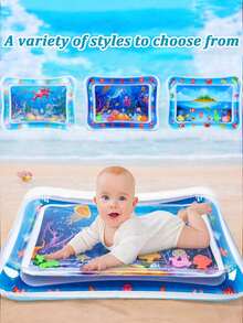 1个加厚充气海豚婴儿水垫，儿童拍打垫，PVC海洋鱼图案水上游戏垫玩具，婴儿拍打垫坐垫（款式和颜色随机），适合室内、沙滩、爬行和训练 - 适用于婴幼儿和新生儿，锻炼肌肉，促进发育 - 承重50公斤，柔软玩具，感官玩具，减压玩具，旅行玩具，婴儿必备，幼儿玩具，水上玩具，圣诞节，儿童生日礼物 - 彩色 - 查看 3