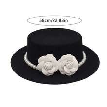 Women Wool Boater Hat Pearl Flower Decor Classic Flat Top Fedora Hat Personalized Wide Brim Church Derby Cap - 黑色 - 查看 5