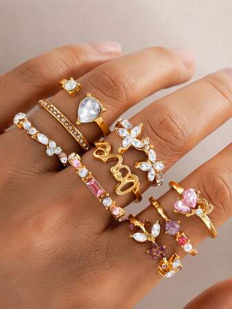 9pcs/Set Minimalist Korean Style Floral, Heart & Rhinestone Decorated Finger Rings Set, Gift For Women, Suitable For Dating, Vacation & Daily Wear