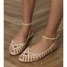 Beige Women's Flat Sandals, Solid Color Hollow-Out, Summer - Beige - View 3