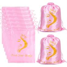 6PK Satin Wig Bags With Drawstring - Silk Hair Storage Bags Multiple Wigs, Bundles, Extensions (Pink) - Purple - View 10