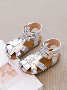 Sandalias retro de correa alta para niños, nuevos zapatos de verano para niñas con diseño romano, zapatos planos de moda para niños y niñas de talla media/grande con cierre de gancho y bucle, sandalias de princesa para la playa, zapatos antideslizantes para bebés