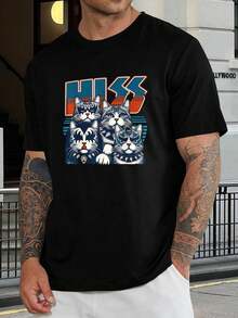 Camiseta de banda KISS para hombre con gato - Divertida camiseta gráfica para amantes de la música rock y gatos - Camiseta informal fresca para verano, fiestas y cosplay - Regalo único para él - Camiseta negra de algodón de manga corta - Negro - Ver 1