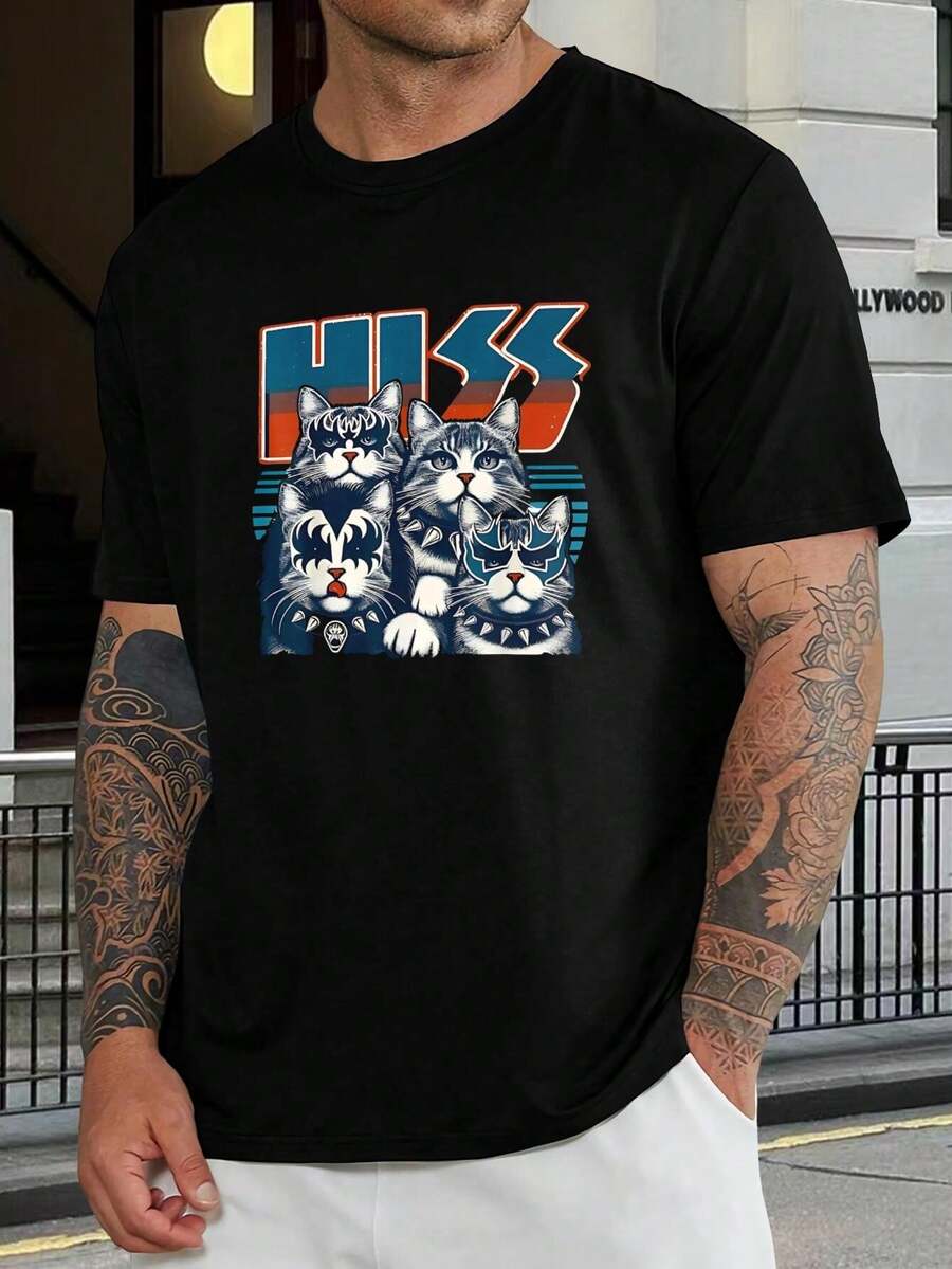Camiseta de banda KISS para hombre con gato - Divertida camiseta gráfica para amantes de la música rock y gatos - Camiseta informal fresca para verano, fiestas y cosplay - Regalo único para él - Camiseta negra de algodón de manga corta - Negro - Ver 1