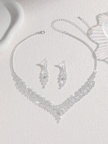 3pcs/4pcs Women's Minimalist Silver-Color Necklace, Earring, Bracelet Rhinestone Jewelry Set, Suitable For Daily Wear, Bridal Wedding Dress, Party Gift