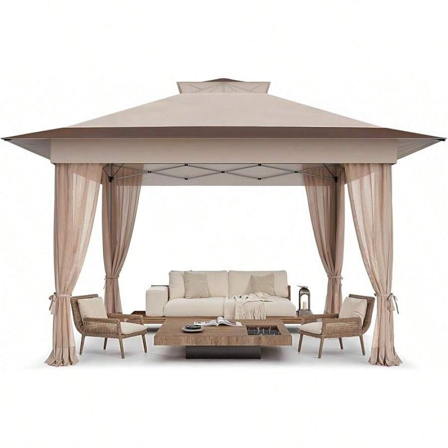 Amada 10x10ft 1-Person Setup Pop Up Canopy Tent - Easy Outdoor Sun Shade For Events, Parties, Camping, Gazebo With Wheel Cover Bag, Beach Tent With 3-Speed Adjustable Height,Blue - 米色 - 查看 1