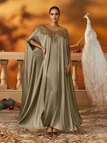 AmazingHoney 奢华绿色卡夫坦长袍，金色亮片装饰，缎纹面料，派对长袍，卡夫坦长袍，长袍长袍（超大尺码 - 请查看尺码表） - 金色 - 查看 4