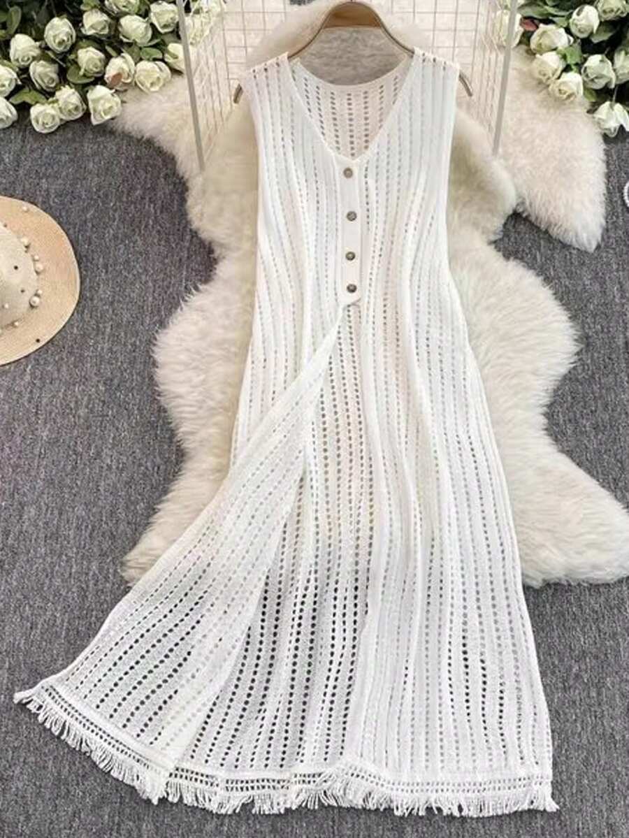 女式无袖长款蕾丝流苏披肩，镂空镂空层次感，夏季 - 白色 - 查看 1