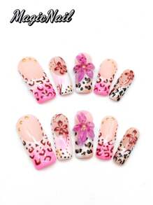 10 Pieces Of Pure Hand-Pressed Wearable Nail, Press On Nails,Nail Supplies,Nails Ptess On,Beach Essentials,33mm-Length Nail Pieces, Pink And White Contrasting Colors, Hand-Kneaded Raised Flowers With Pink Strokes