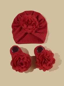 2 Stücke/Packung 0-6 Monate Baby Blumen Mütze & Socken Set, super weiche Baby Beanie Mütze und Socken Kombination, Neugeborenen Geschenk, ganzjährig - Verschiedenfarbig - Übersicht 2